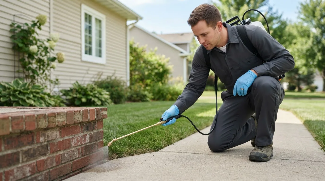 Pest control technician treating a home near Rockland, ME