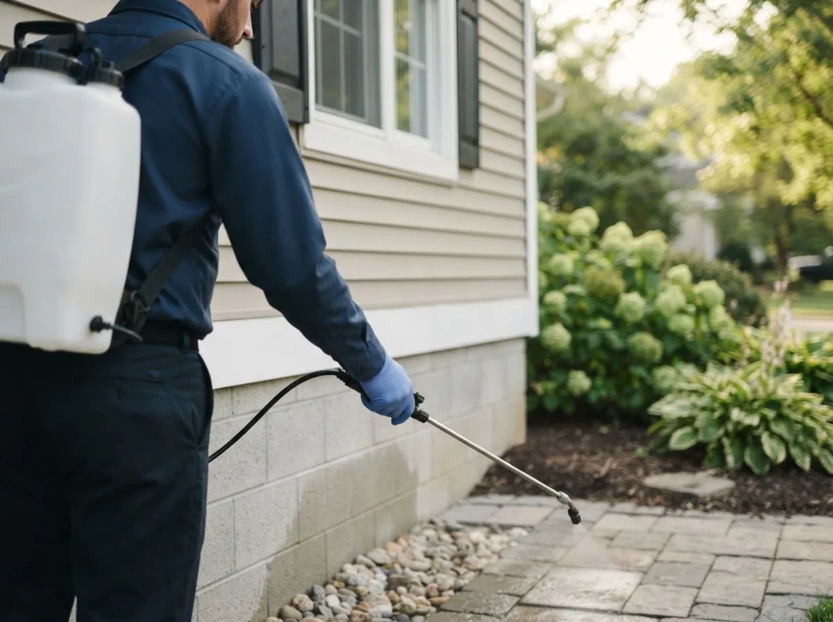 Pest control technician inspecting a home in Rockland, ME